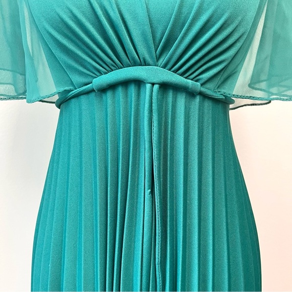 Vintage Mid Century Teal Chiffon Cape Pleated Formal Goddess Maxi Dress Gown - Picture 7 of 13